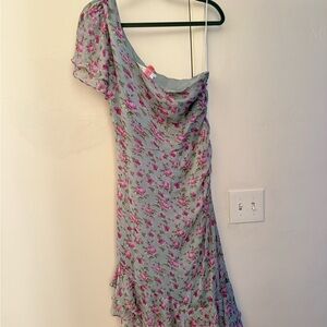 Astr One-Shoulder Floral Dress in Gray and Pink